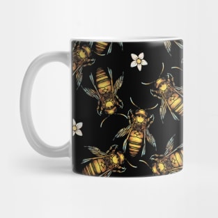 Bees And Flowers On Black Pattern Mug